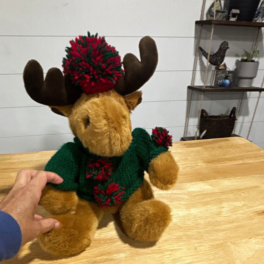 Christmas Moose Plush Stuffed Animal Brown Green Red, Small 6-14 in, Hat